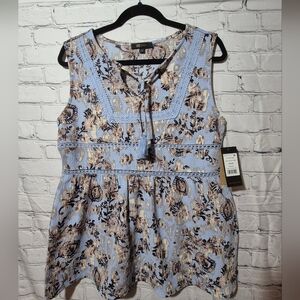 NWT Frye Slate Blue Floral‎ Print Sleeveless Boho  Tassel Top Blouse Size M 204